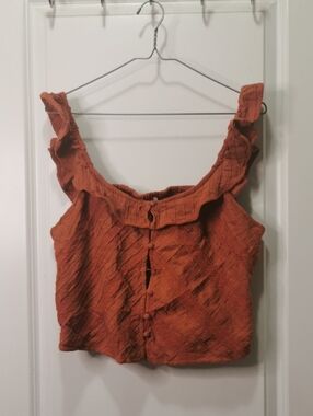 Free‎ People Burnt Orange Ruffle-Trim Button Crop Top. Flaw
